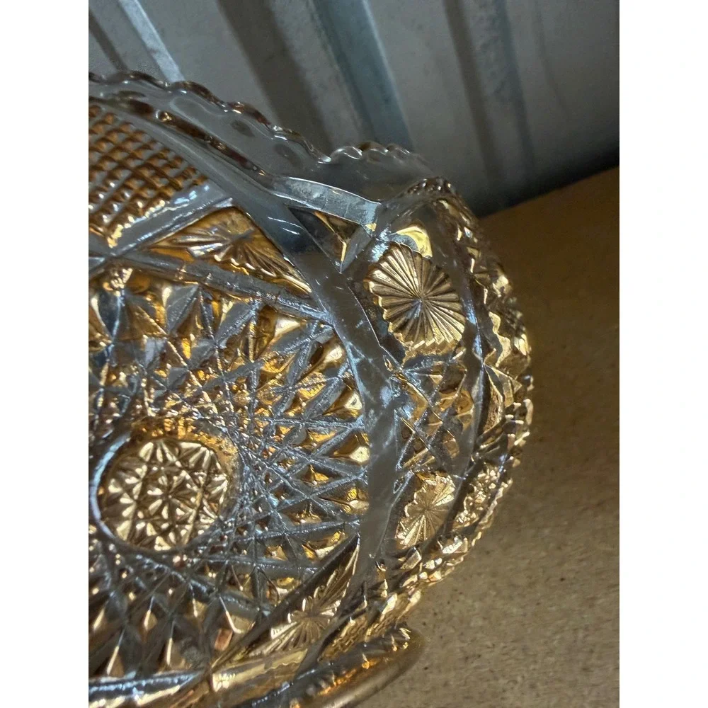 Vintage Gold Trim Starburst Pressed Glass‎ Bowl Scalloped Beaded Rim 10 Inch
